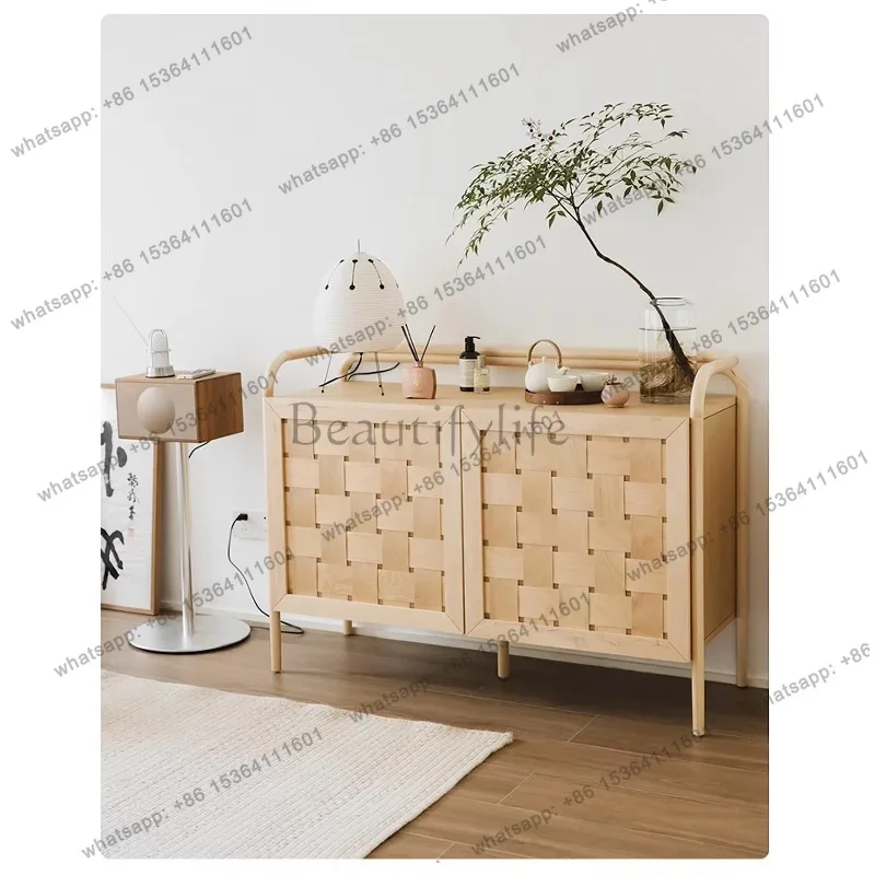 YJ Nordic Simple Solid Wood Braided Rattan Locker Log Color Dining Side Cabinet Nordic Style Multi-functional Storage Cabinet Bu
