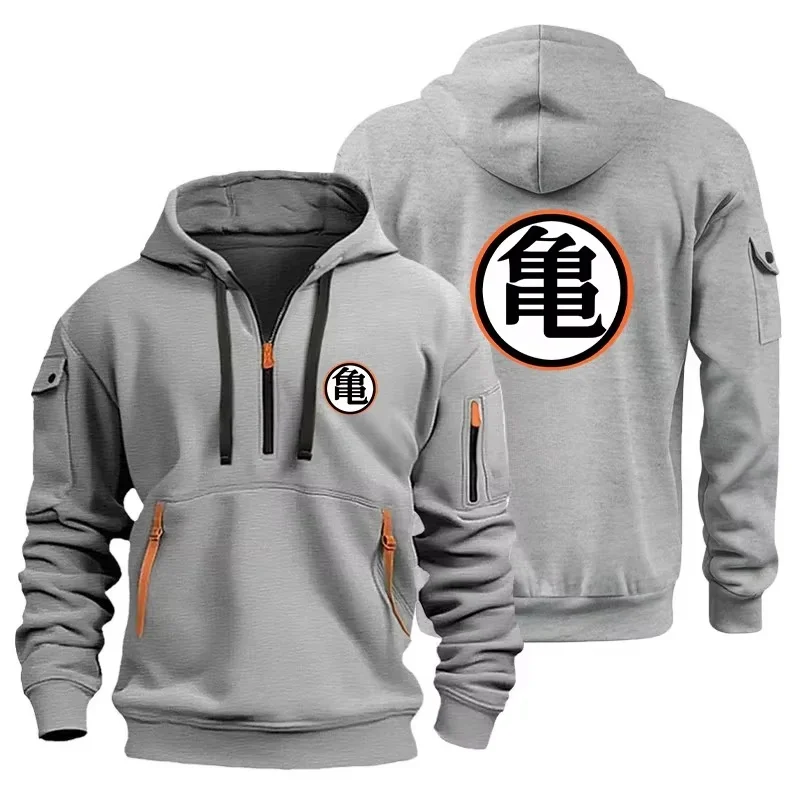 Dragon Ball Kame Symbol Print Men Half Zip Tactical Hoodie Multi Pocket Sweatshirt Casual Streetwear Pullover