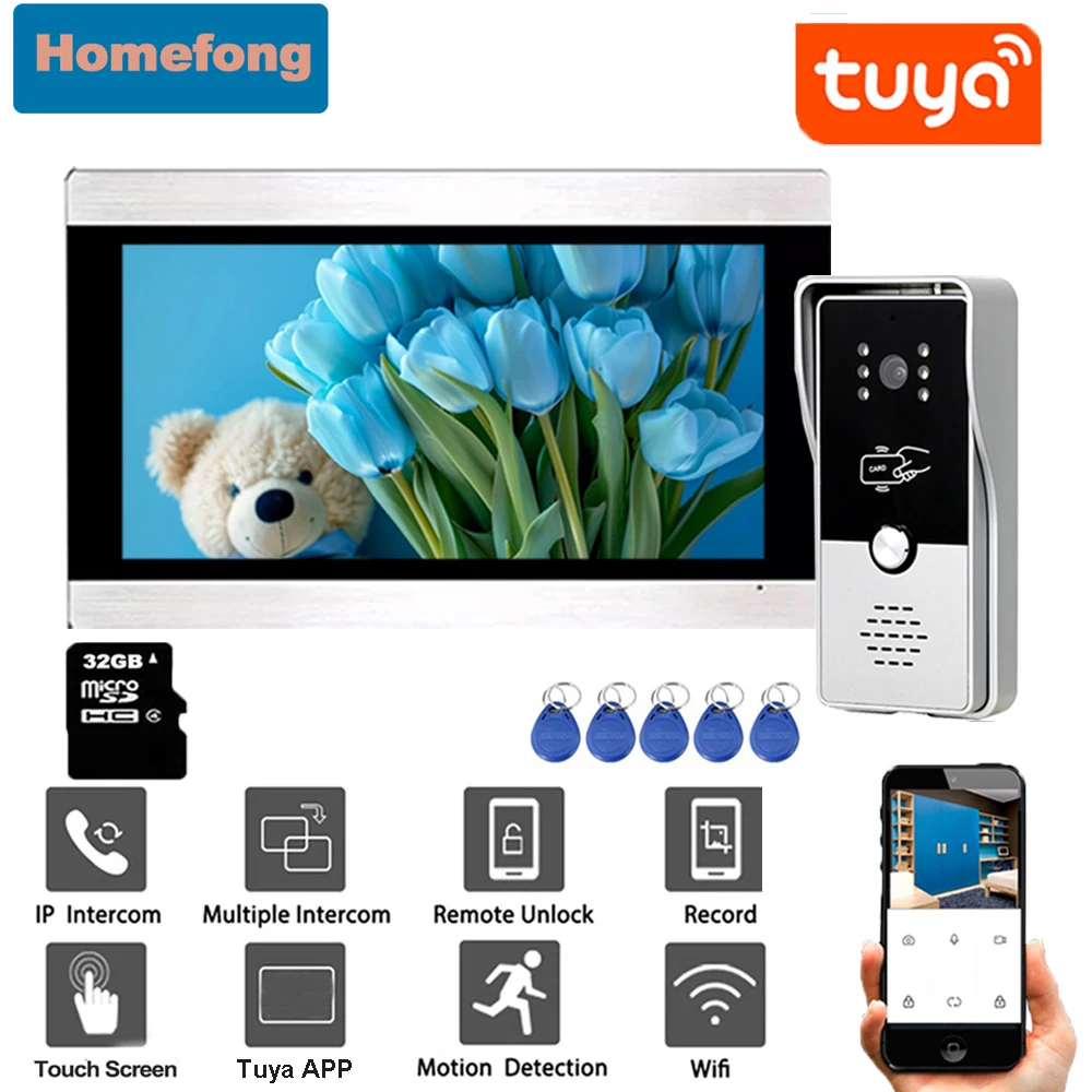 Homefong  1080p Wifi Video Door Phone Intercom Entry System Wireless Smart Home Security Doorbell Camera for Home 7 Inch  Call