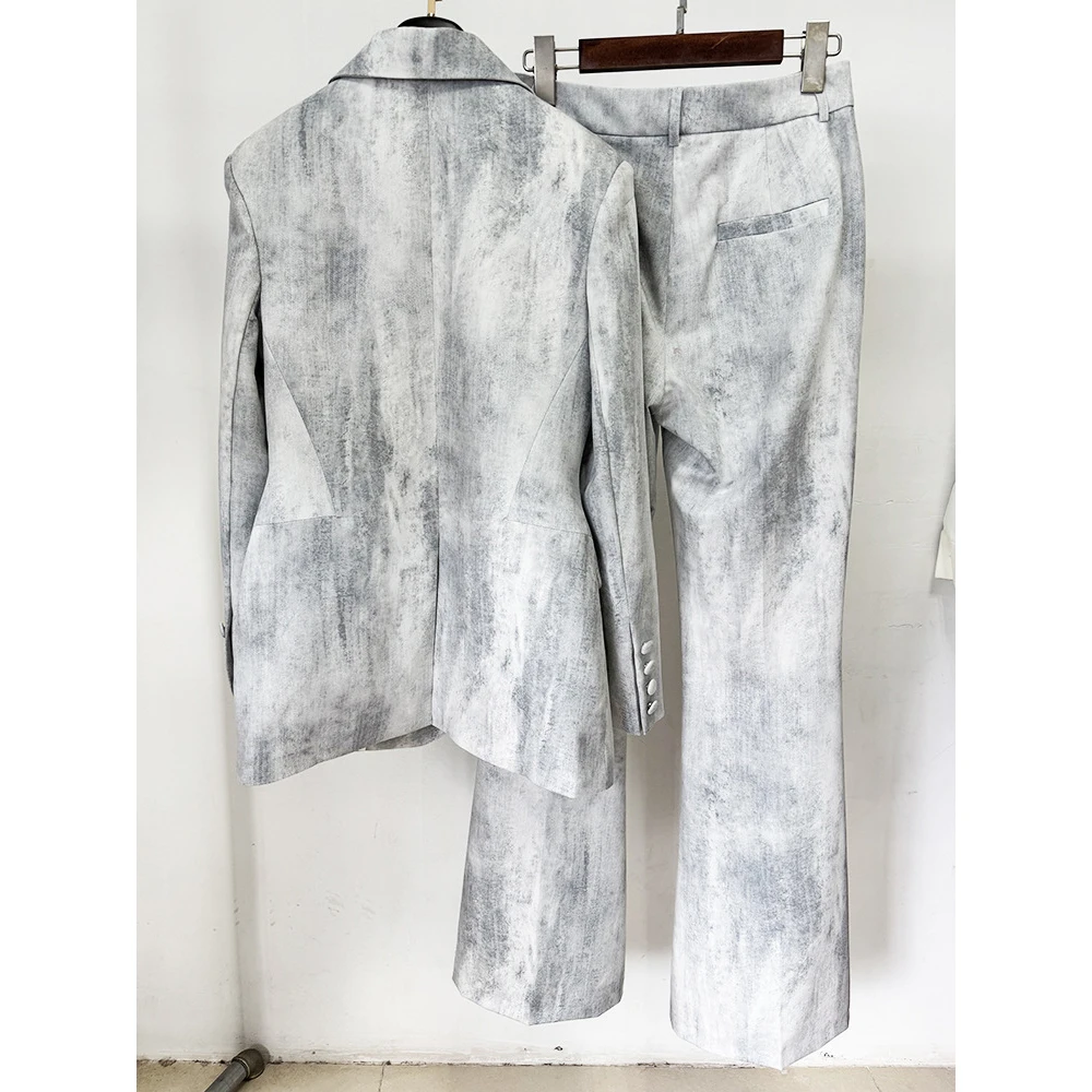 HIGH STREET Newest Fashion 2025 Designer Suit Set Women's Dye Printed Slim Fitting Blazer Flare Pants Sets 2 PCS suits for woman