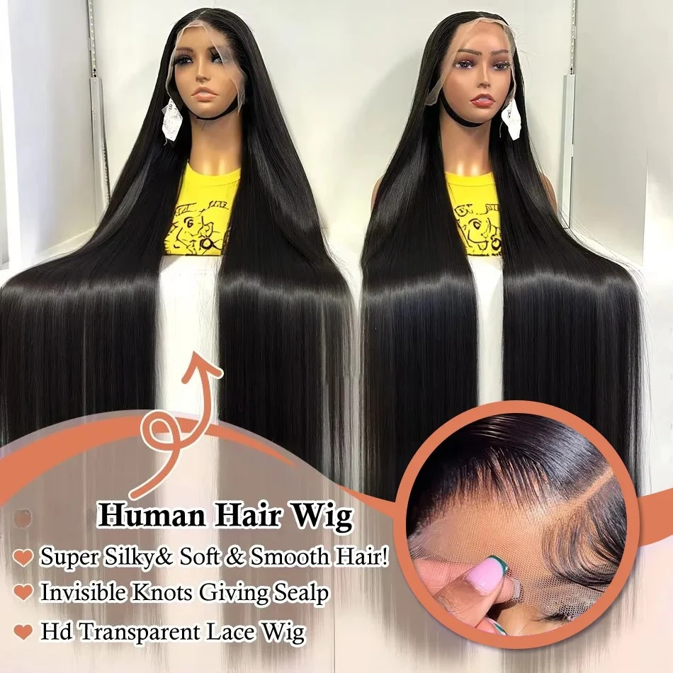 Pelucas frontales de encaje recto de 250% 40 pulgadas, cabello humano 13x6 HD, peluca Frontal de encaje 13X4, peluca de cabello humano liso de hueso prearrancado para mujeres