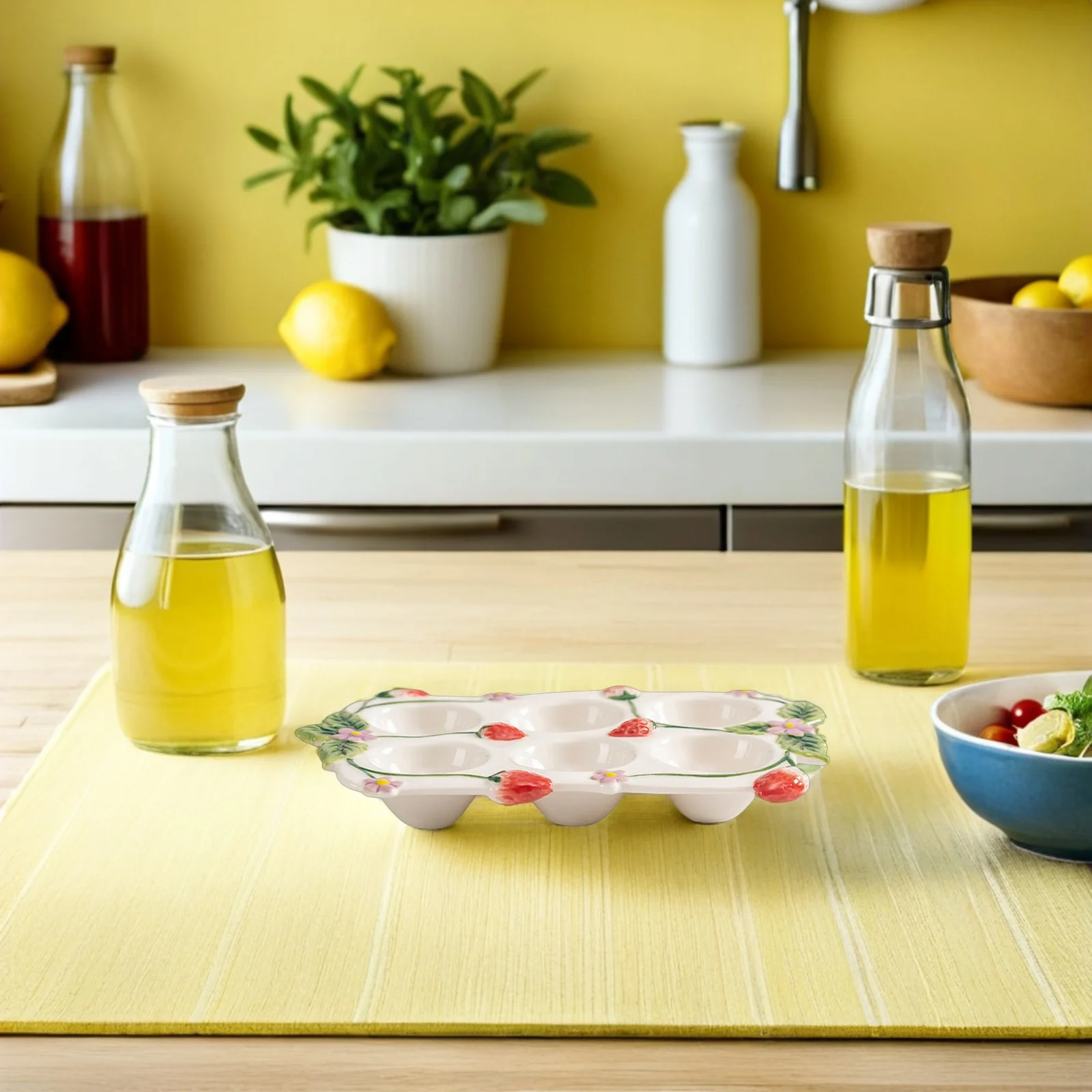 

Ceramic Egg Tray 6 Slots Underglaze Artistic Design Countertop Fridge Organizer Stackable Strawberry Decor Easy Access