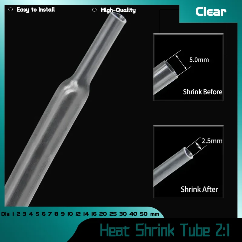 

2:1 Heat Shrink Tube Polyolefin Thermal Cable Sleeve Insulated 10M Clear Dia 1 2 3 4 5 6 7 8 9 10 12 14 16 20 25 30 40 50 mm