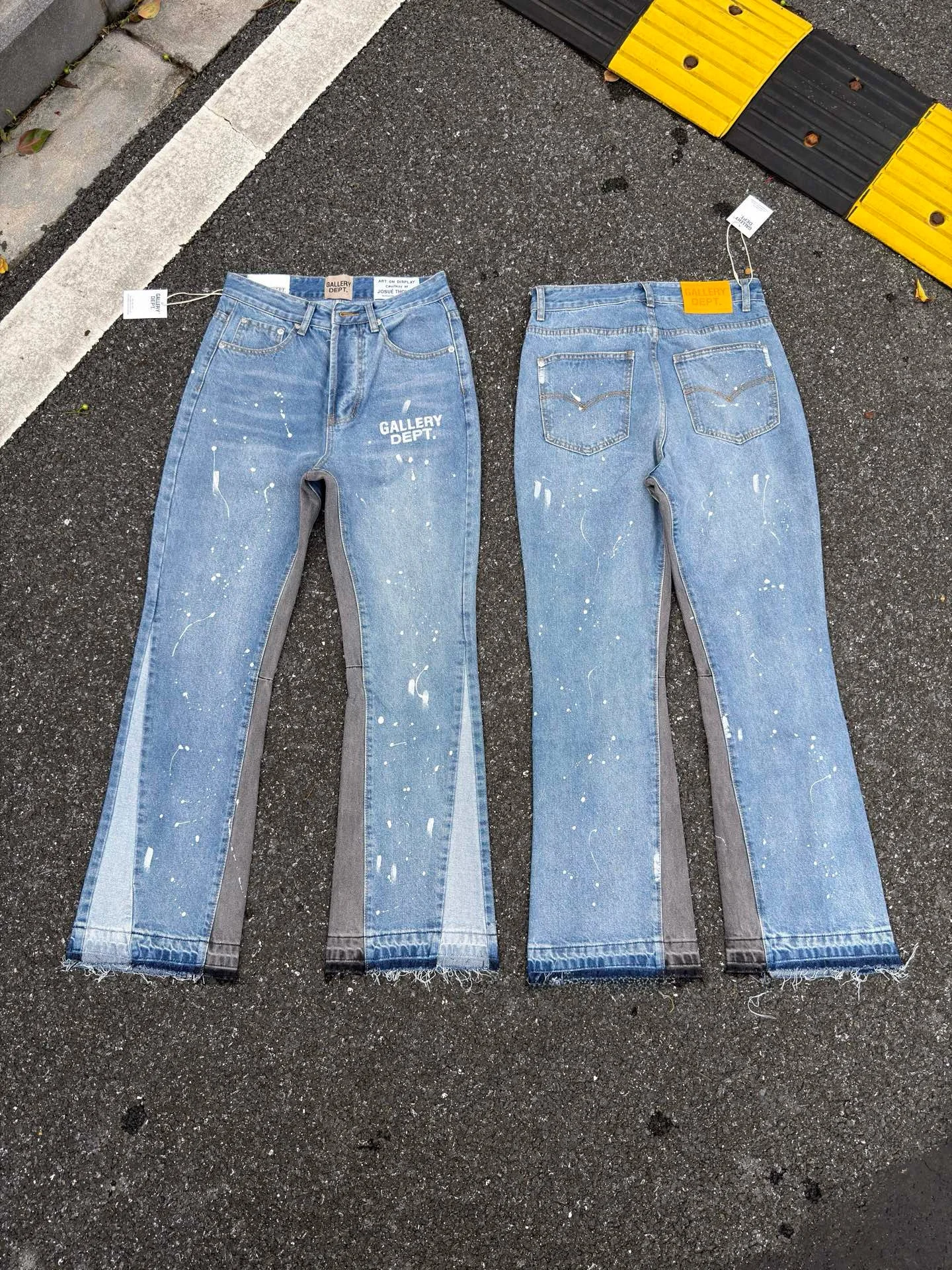 

High Waist Straight Leg Jeans Casual Cotton Linen Blend Spattered Ink Print Patchwork Bell Bot Waed Denim Youth Autumn