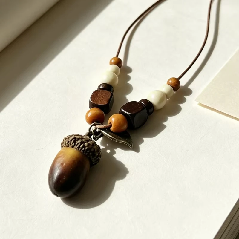 FTCY Vintage Acorn Pendant Necklace For Women  Bohemian Artistic Beaded Long Rope Necklace Fashion Personality Jewelry Gift view 2