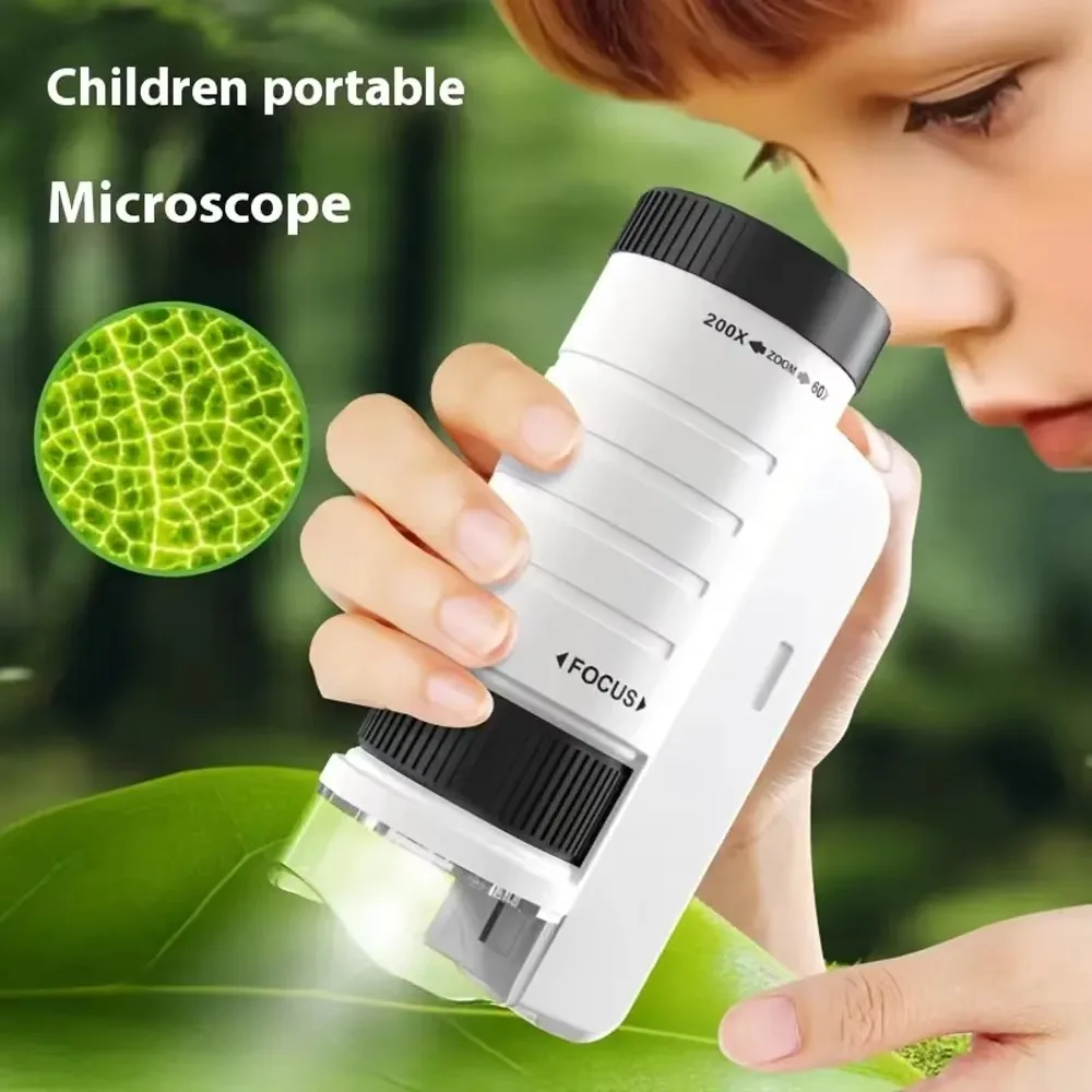 Mikroskop kieszonkowy z powiększeniem 60-200x, oświetlenie LED, optyczny HD, zestaw naukowy dla dzieci, przenośny, zasilany bateryjnie.