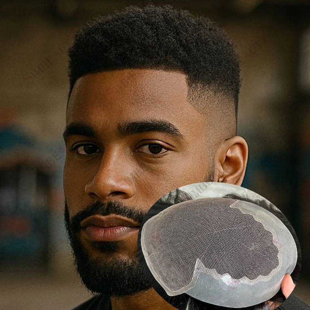 6 مللي متر الأفرو غريب مجعد دائم Q6 الرجال أسود براون الشعر البشري الدانتيل و بولي Base قاعدة رجل الباروكات الشعر المستعار غير قابل للاكتشاف شعري ابيض عقدة #1