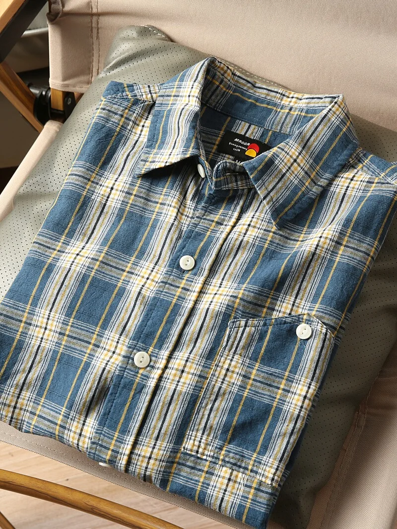 

Новая летняя мужская рубашка в стиле ретро с клетчатым узором, свободного кроя, повседневная, с коротким рукавом, в японском стиле, молодежная, модная, из хлопка