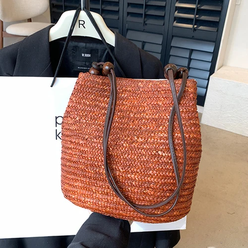 Imagen 2 del producto Bolsos de hombro informales tejidos de paja para mujer, bolsos de mimbre, bolso de playa hecho a mano, viaje de verano, gran capacidad, bolsos de ratán