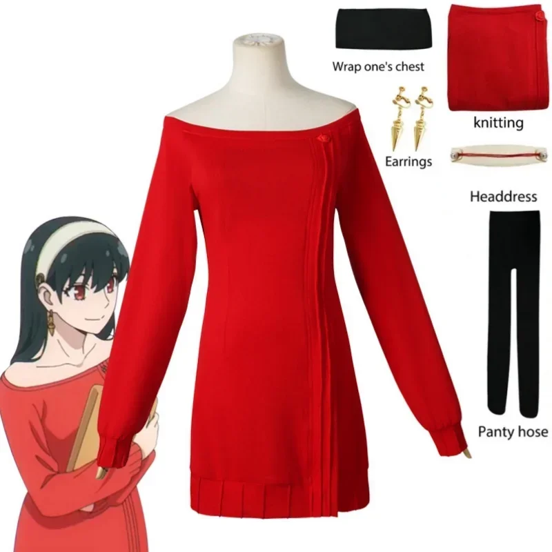 HN8 Anime FAMILY Cosplay Yor Forger Yor Briar Cosplay Costume Women Sexy Long Red Knitting Sweater Mini Dress Thorn Princess)4Dc