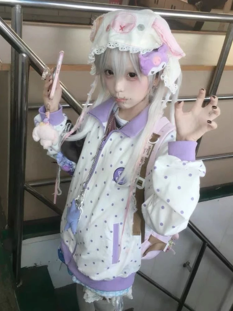 HOUZHOU Y2k Weiß Cutecore Juminocore Polka Dot Frauen Zipper Hoodies Süße Langarm Japanischen Stil Mantel Kawaii Lose Beiläufige