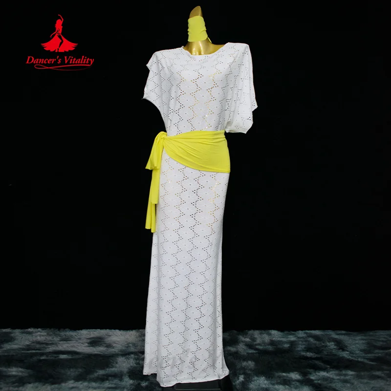 Traje de dança do ventre feminino solto e elegante robe + lenço + lenço de quadril 3 peças adulto confortável roupas de prática de algodão puro