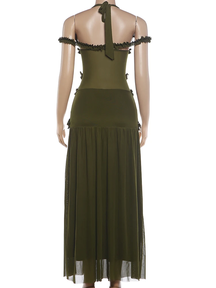 Weird Puss Rüschenrand-Patchwork-Kleid für Damen, elegant, mit schrägem Ausschnitt, Bandagen, rückenfrei, ärmellos, für Urlaub, Party, Mode, figurbetont – Detail 5