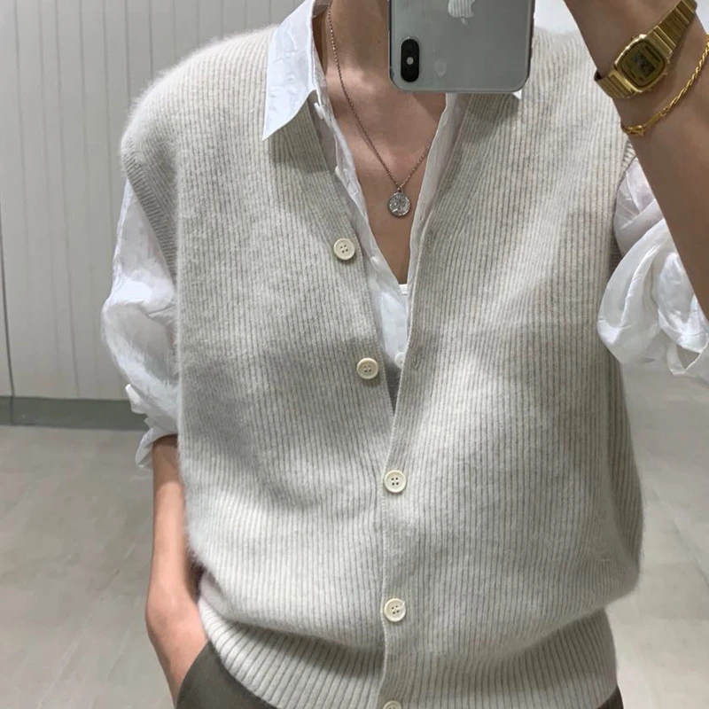 

Casual Button Cardigan Vest Autumn and Winter Warm Knitted Sweater Women Fashion Loose Solid Sleeveless Soft Jumpers 16348