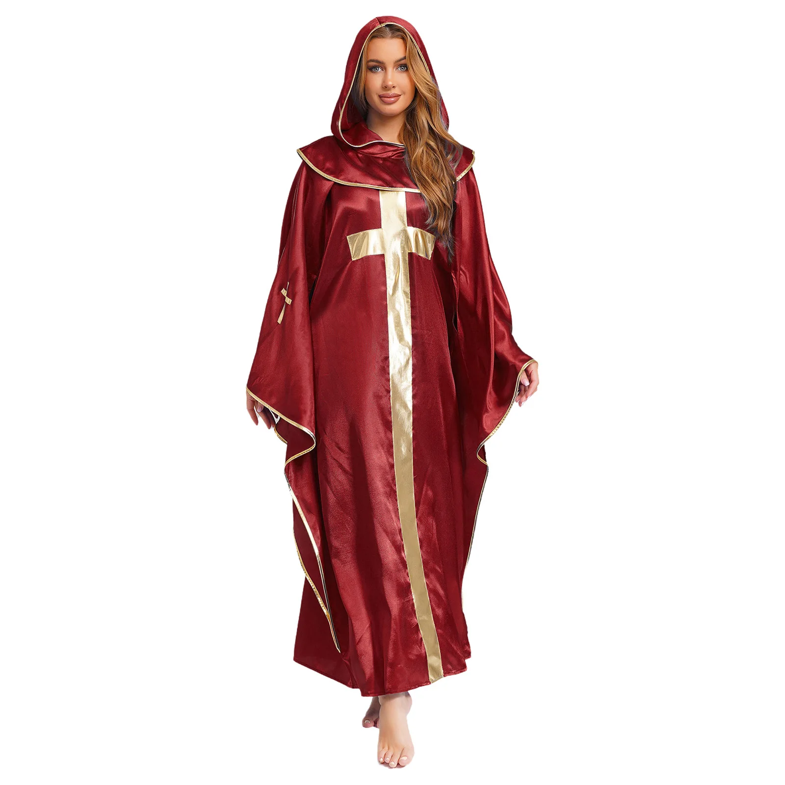 

Halloween Christ Jesus Priest Cosplay Hooded Robe Cloak Men Women Trim Front Gold Cross Pastor Vestments Carnival Cosplay Cape