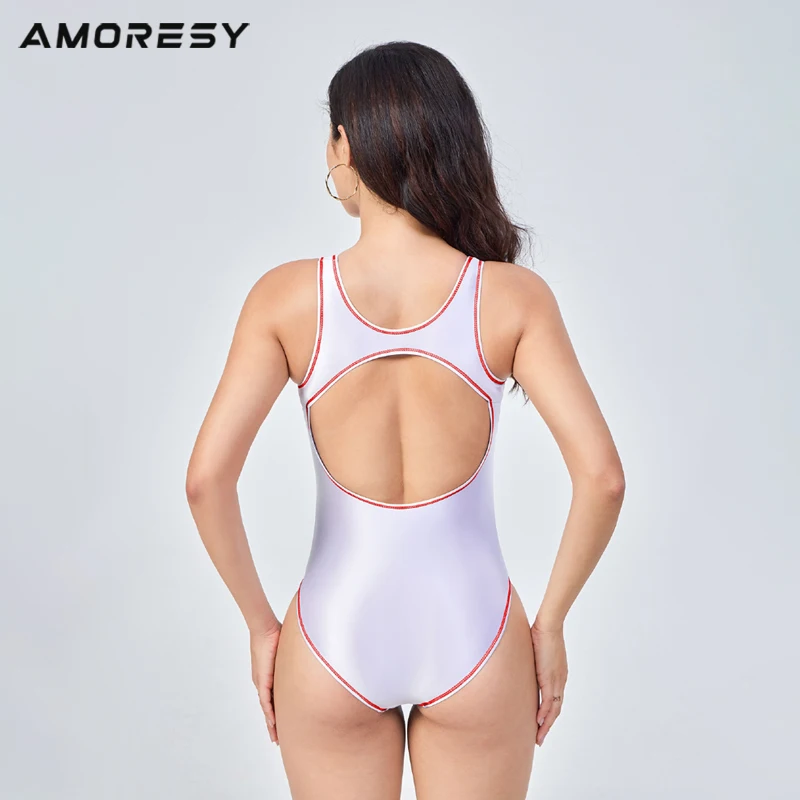 AMORESY Cosima classic open back colorful stitching spandex yoga net red holiday swimsuit tights