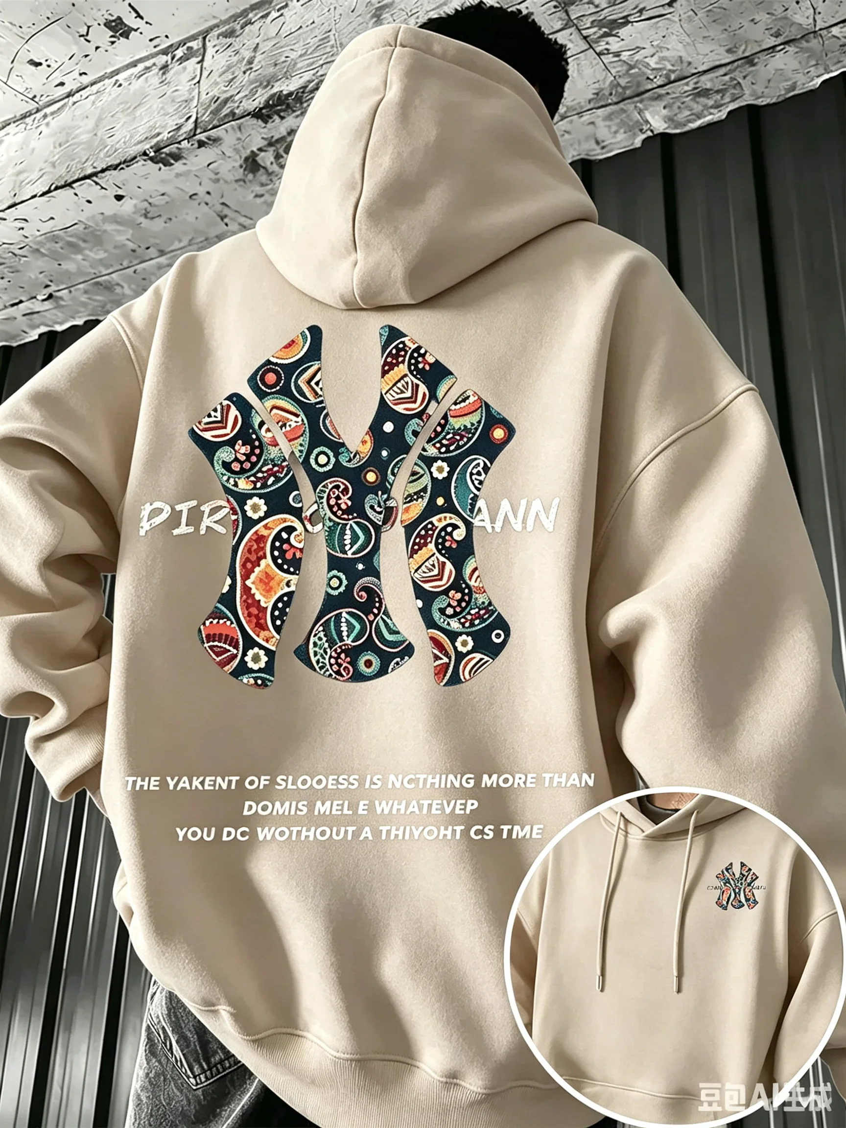 Herren-Hoodie für Herbst und Winter, Outdoor, warm und bequem, Walnussblüten- und NY-Buchstaben-Design, doppelseitiger Druck, lockerer Schnitt, Fleece, Streetwear – Detail 19
