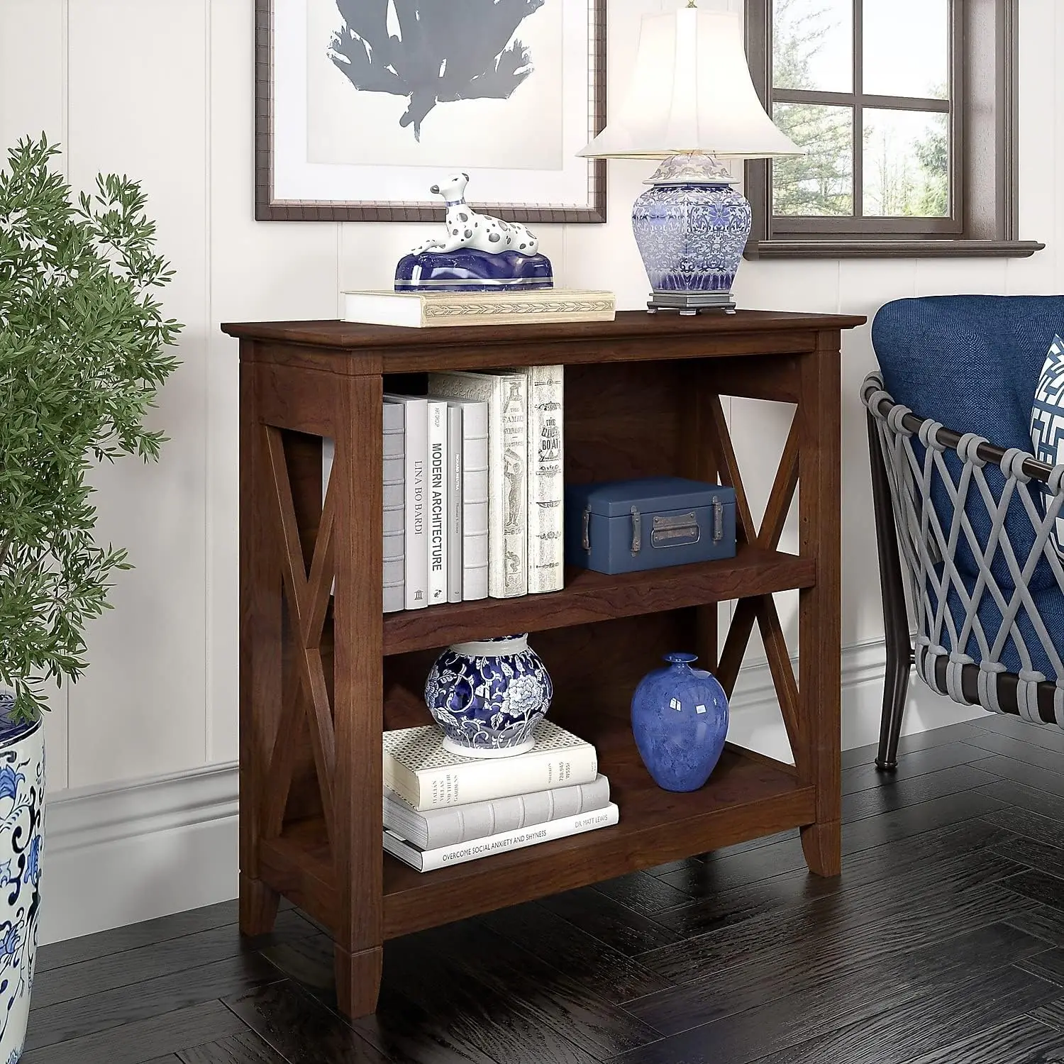 Furniture Key West Small 2 Shelf Bookcase in Bing Cherry Low bookcase has one adjustable shelf and one fixed shelf to accommod