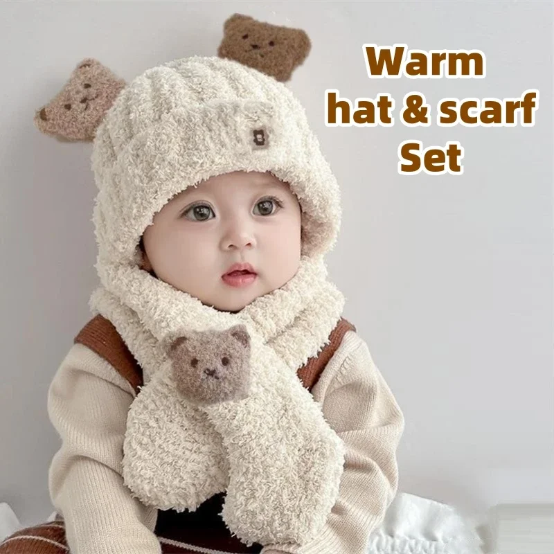 Gorro de peluche con bonito oso para bebé, conjunto de bufanda, gorro cálido con protección para los oídos, calentador de cuello, gorro de punto grueso para invierno, bufanda para niños y bebés pequeños