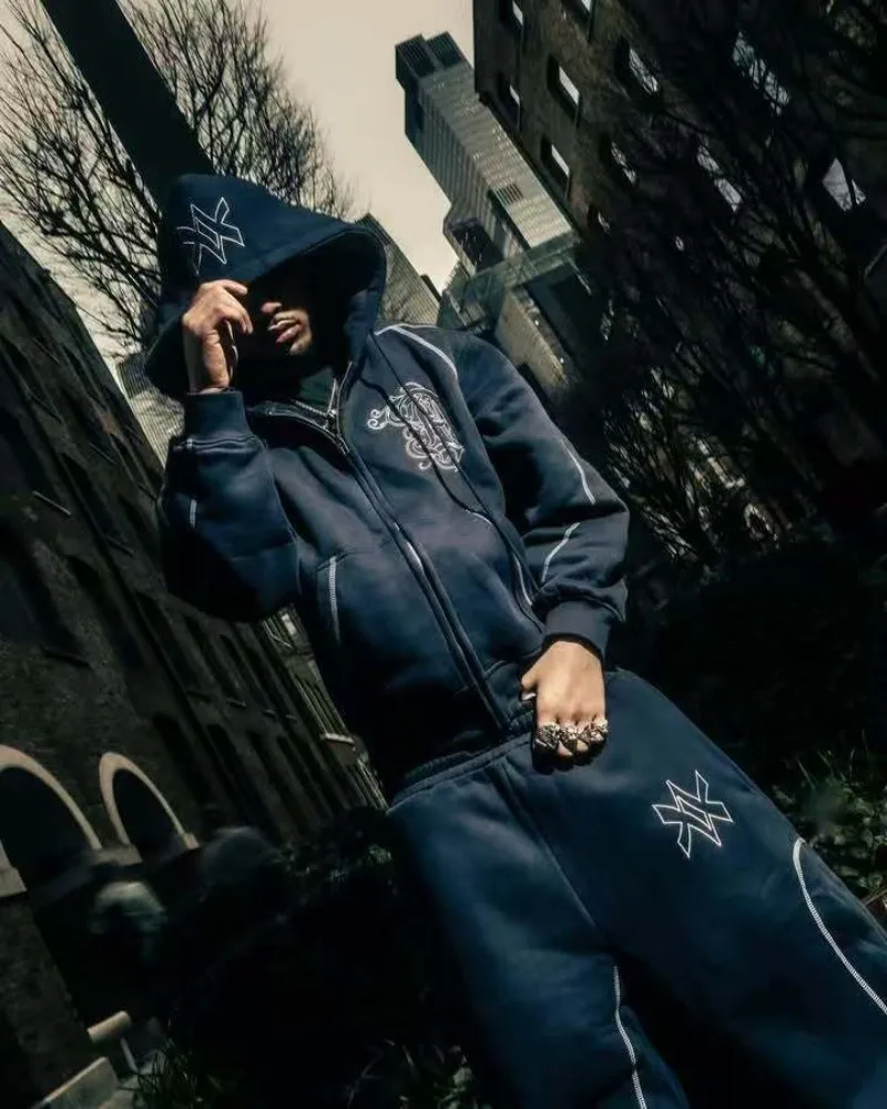 الخريف والشتاء مخطط العلامة التجارية نمط تصميم الرجال هوديي Y2K جديد فاسق الهيب هوب أعلى ملابس رياضية غير رسمية مجموعة زوجين ملابس فضفاضة #1