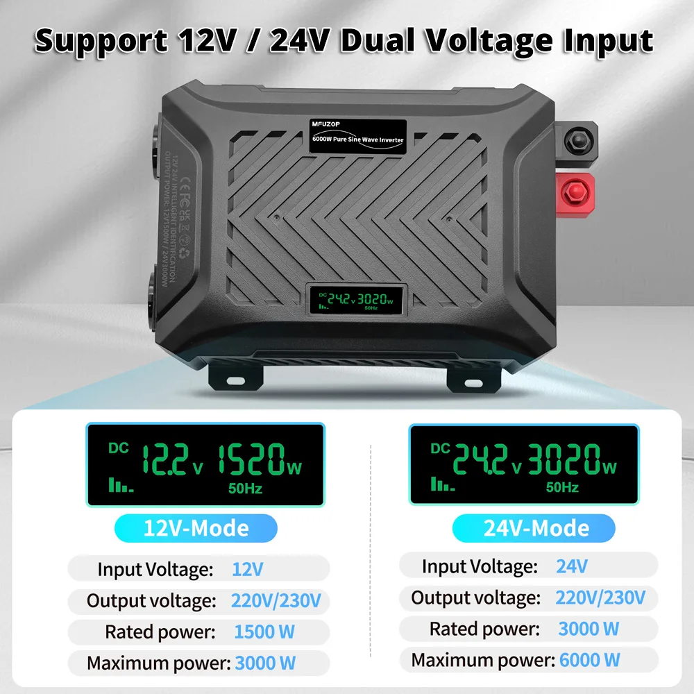 MFUZOP Zuivere Sinus Inverter Dubbele spanning 12V 24V naar 230V 50Hz Spanningsomvormer 3000W Continu 6000W Piekniveau Vermogen Auto Camper Huis Stroomomvormer met USB AC-aansluiting LCD Display - afbeelding 1