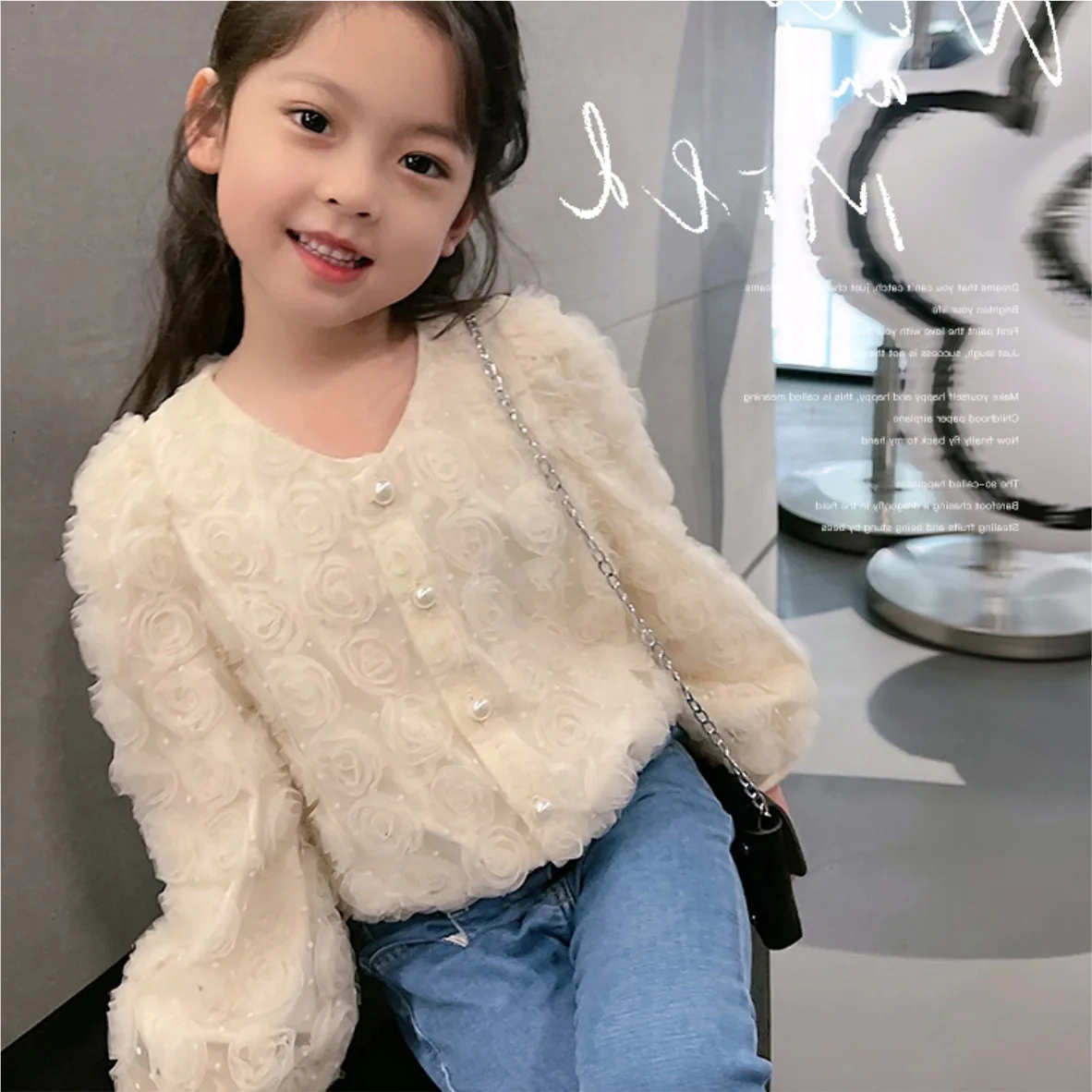 Spring Autumn Baby and Girls Sweet 3D Lace Gauze Flower Patchwork Single-Breasted Jacket School Kid Coat Child Outfit Top 2-13Yr