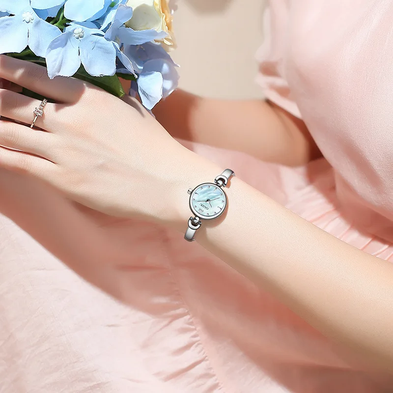 Exquisite Girl's Watch, Fashionable and Compact Pink and Blue Dial Waterproof Steel Strap Linked List Quartz Clock for Women