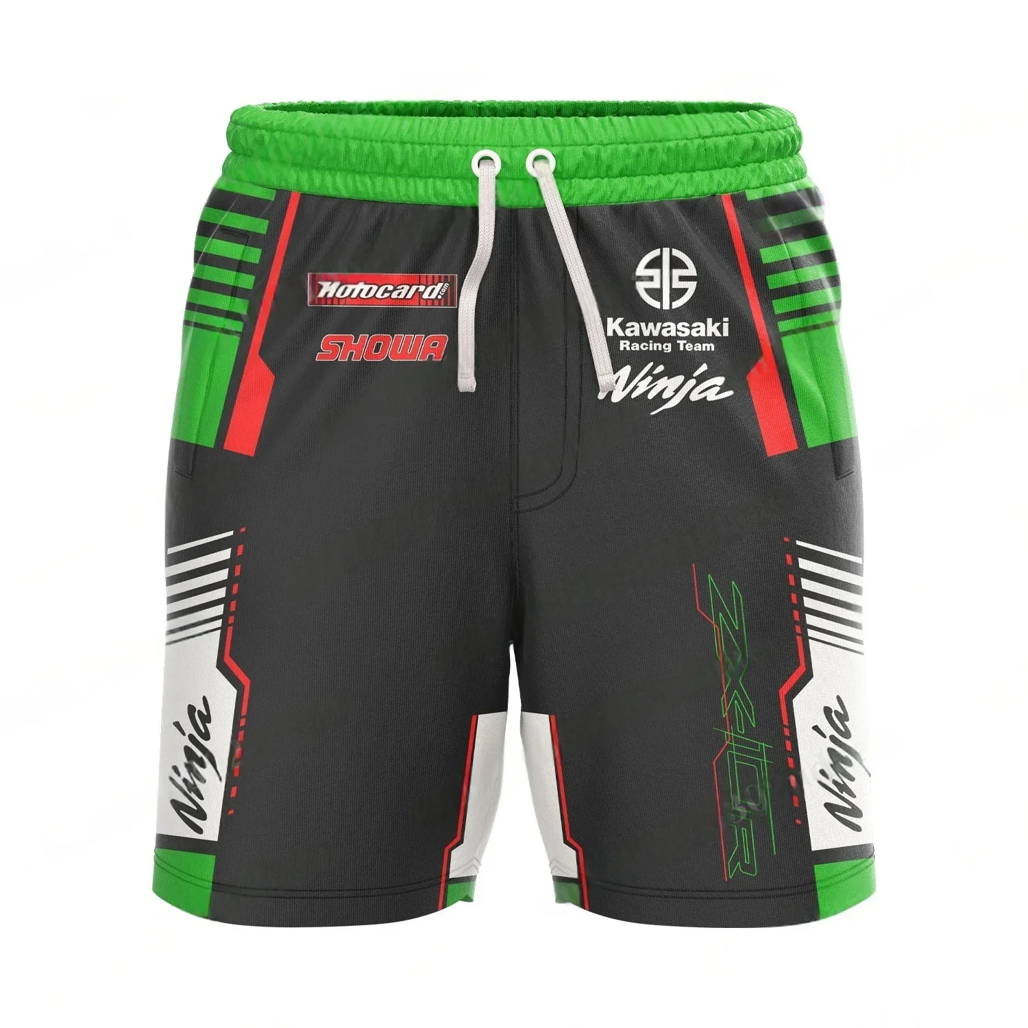 Verão masculino cordão elástico shorts kawasaki motocicleta impressão respirável secagem rápida confortável esportes ao ar livre shorts