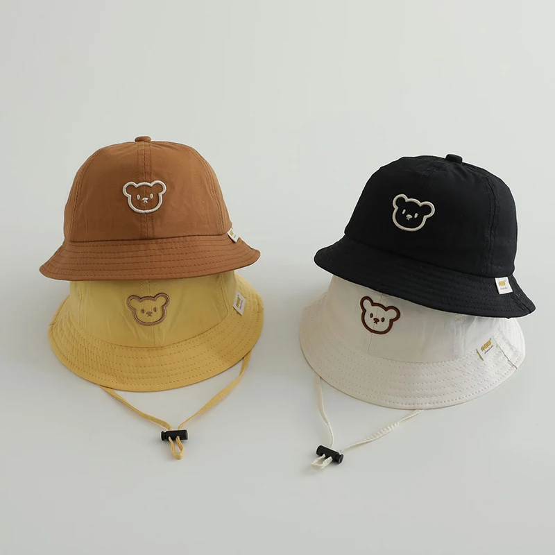 

Embroidery Bear Baby Basin Hat Outdoor Sunshade Bowl Cap 1-4Year Boys Girls Kids Fisherman Hats Cotton Breathable Baby Visors