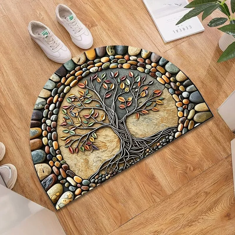VIKAMA Autumn Tree of Life Mat – Fall Pebble Design, Semi-Circle Non-Slip Shower Rug