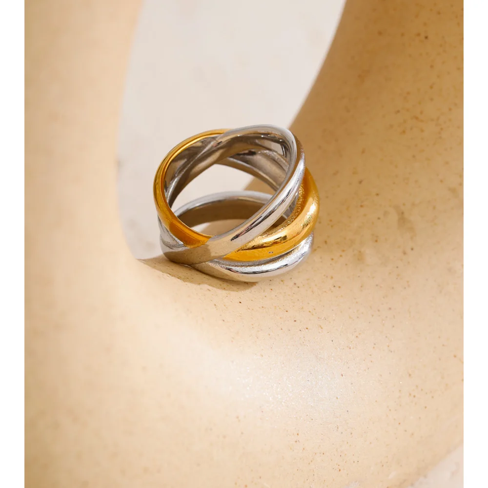 Yhpup Size 678 New Stainless Steel Layered Geometric Cast Statement Ring Rust Proof Metal Texture Attractive Women Jewelry