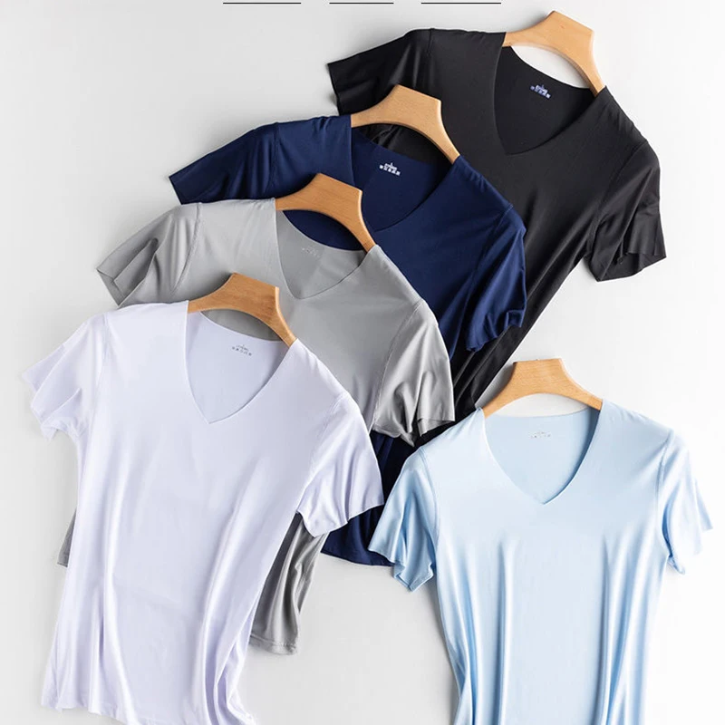 Fashion Summer Seamless Breathable Ice Silk T-Shirt Vest Men\'s Sports Short Sleeve T-shirt Ice Silk Solid Color V-neck M-5XL