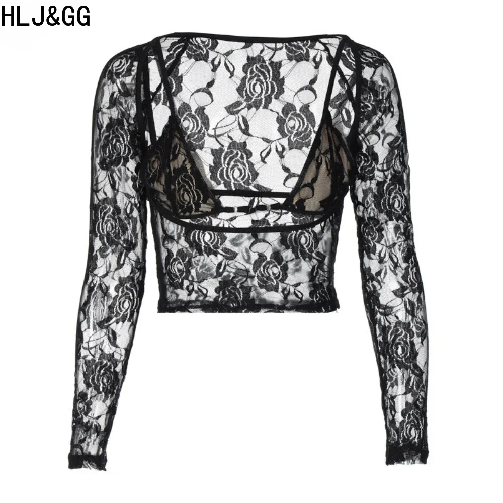 HLJ&GG Black Sexy Hollow Out Lace See Through Two Piece Sets Women Round Neck Long Sleeve Slim Top And Skinny Pants Club Outfits