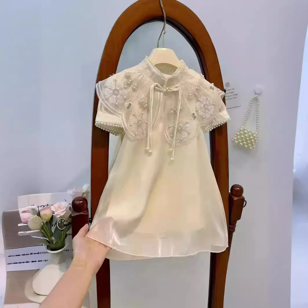 

Girls Embroidered Dress 2024 Summer Kids Clothes 2-8 Years Boutique Pearl Shawl Retro Noble Wedding Birthday Party Baby Dresses