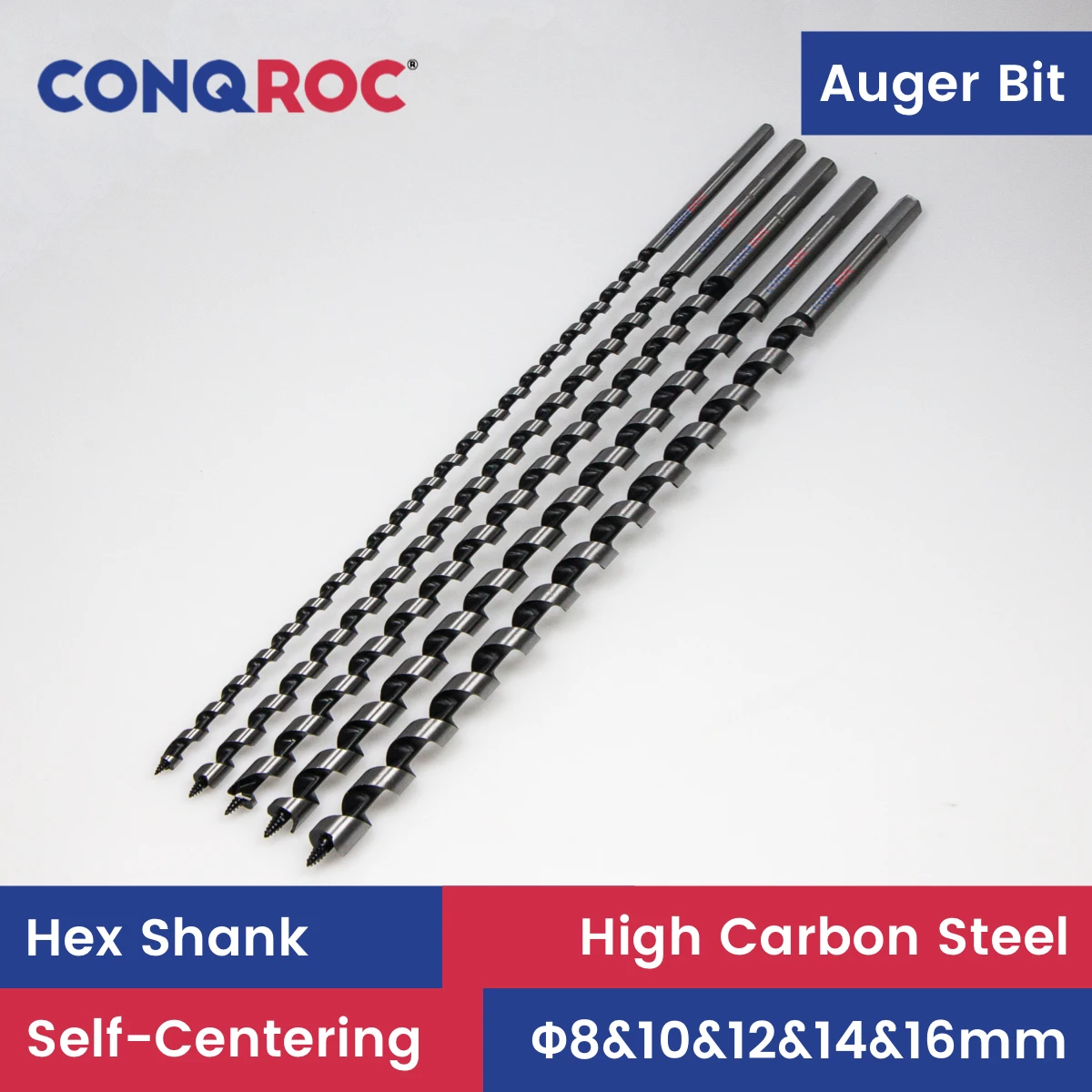 

Chip-Clearing Long Auger Drill Bits Set Hex Shank Length-460mm 5-Size Diameter-8&10&12&14&16mm Woodworking Pole Bits