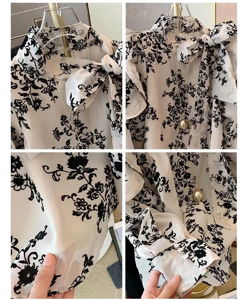 French Court Style Bow Floral Shirt Womens Spring 2024 New Vintage Hong Kong Style Blouses Puff Long Sleeve Blusas Mujer