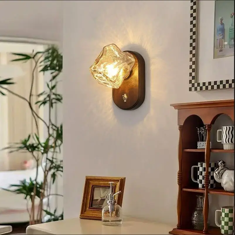 Ambient light Japanese retro bedside wall lamp designer ice cube simple living room background wall bedroom bedside lamp