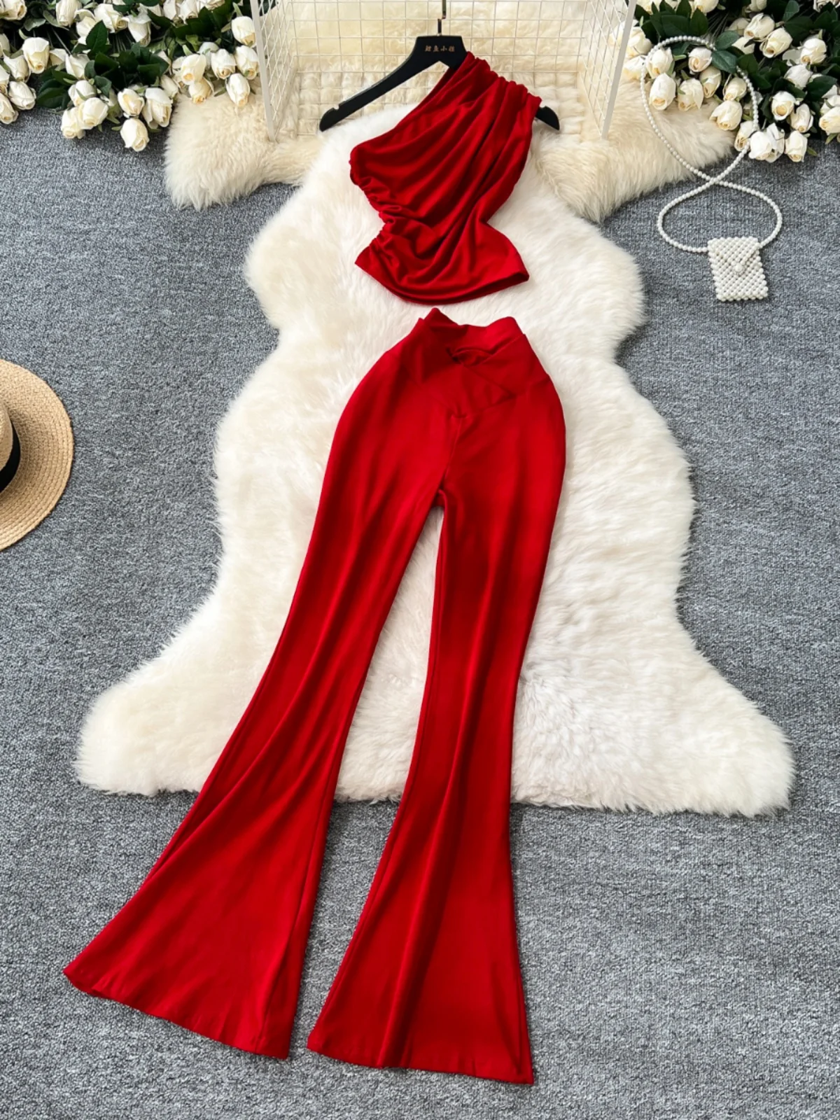 

Sexy Spaghetti Strap Folded Waist Top Women's High Waist Slimming Flared Pants Casual Sportswear Set Young Faionable