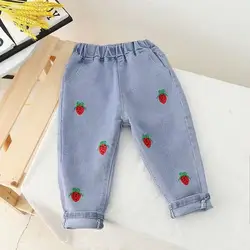 New Spring Autumn Baby Girls Jeans 1-6 Years Fashion Kids Cute Strawberry Embroidery Trousers Children Casual Pants