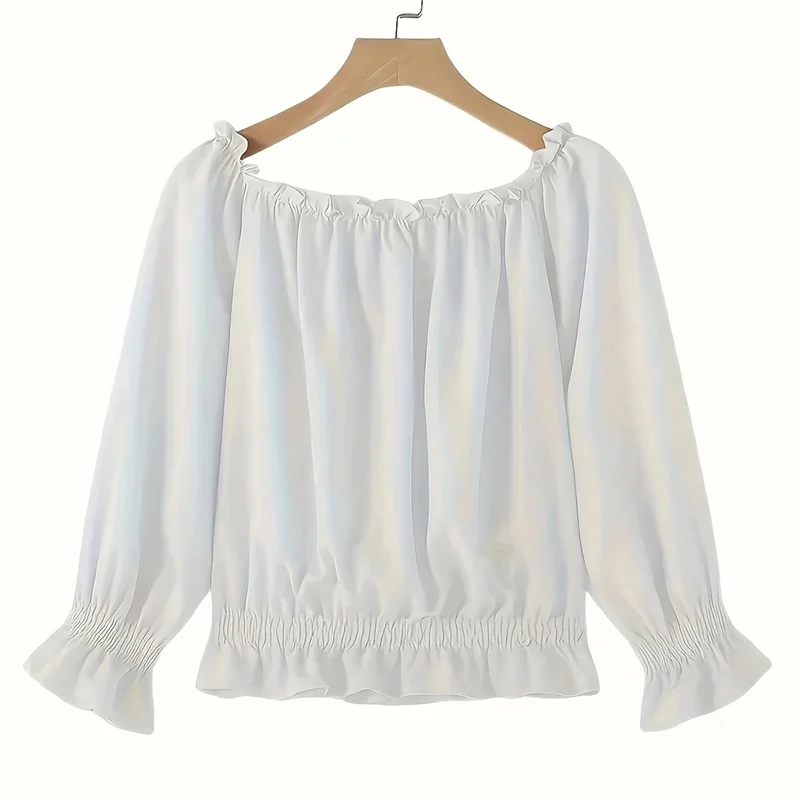

Elegant Off Shoulder Tops For Women Long Sleeve Ruffle Smocked Waist Casual Party Shirts Plus Size Blouses