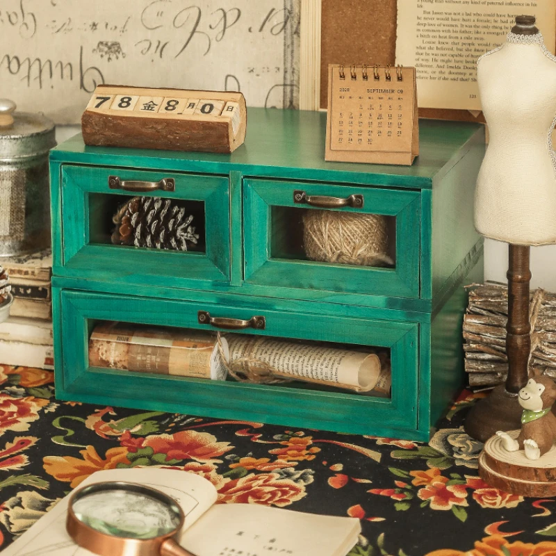 Retro Wooden Drawer Storage Box Divided Desktop Organizer Bedroom Living Room Makeup Dressing Tableware Display Case