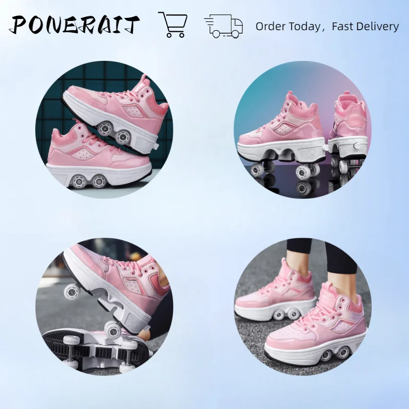 4 Wheels Rollers Shoes For Kids Parkour Deform Sneakers Walking Running Casual Shoe Unisex Outdoor Sports  Roller Skating Shoes