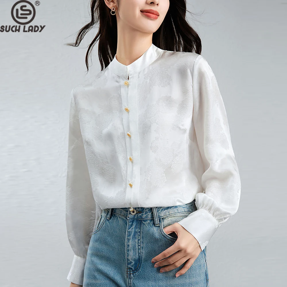 

Женская рубашка из 100% натурального шелка с воротником-стойкой и длинными рукавами, жаккардовая элегантная повседневная блузка, топы
