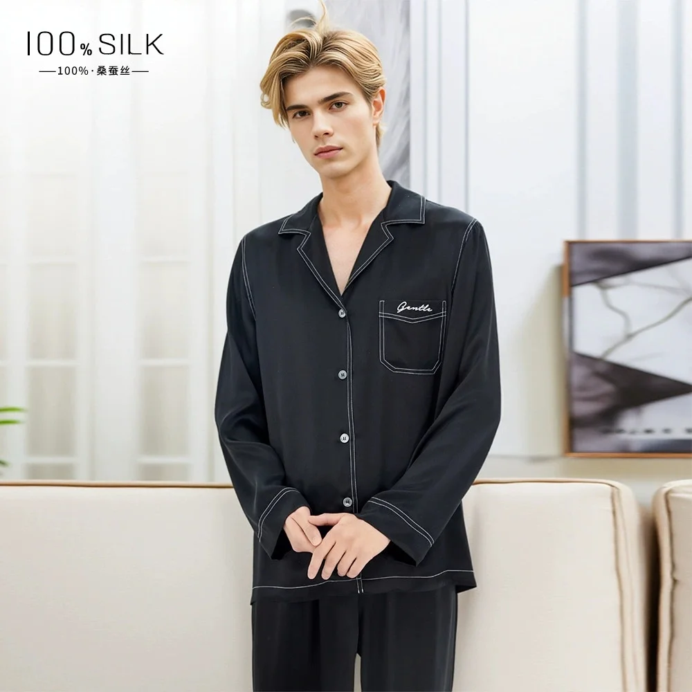 19mm heavy-weight silk pajamas, men's 100% mulberry silk two-piece loungewear set