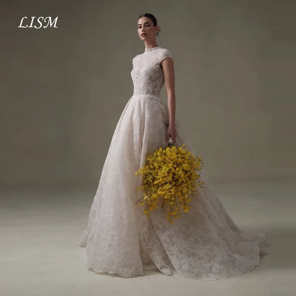 

LISM Свадебные платья трапециевидной формы с круглым вырезом и короткими рукавами, шелковая кружевная лента, длинные элегантные свадебные платья по индивидуальному заказу, свадебное платье