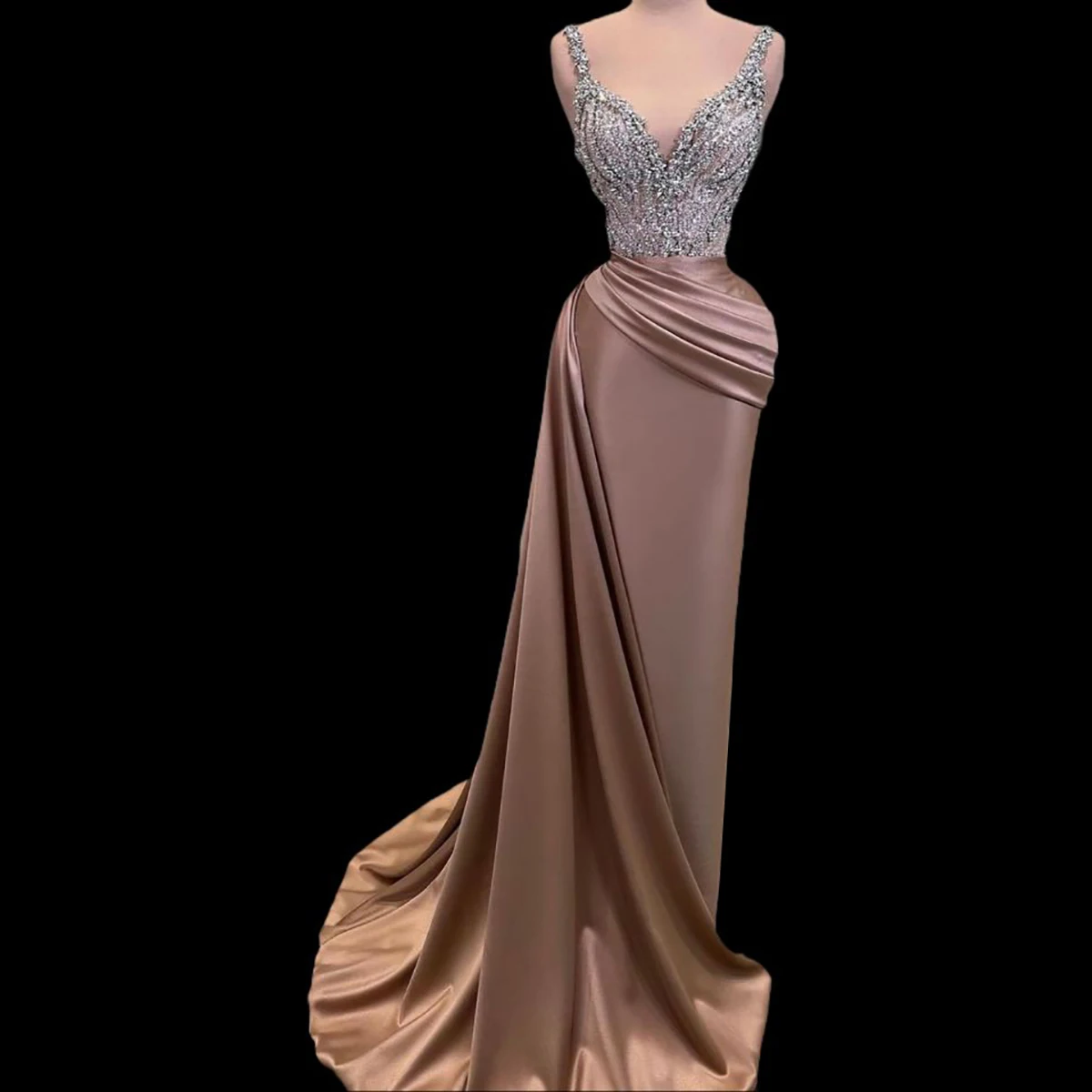 Exquisite Mermaid Evening Dresses Sexy V Neck Pearls Sequins Lace Special Occasion Gowns Custom Made Sweep Train Prom Dress