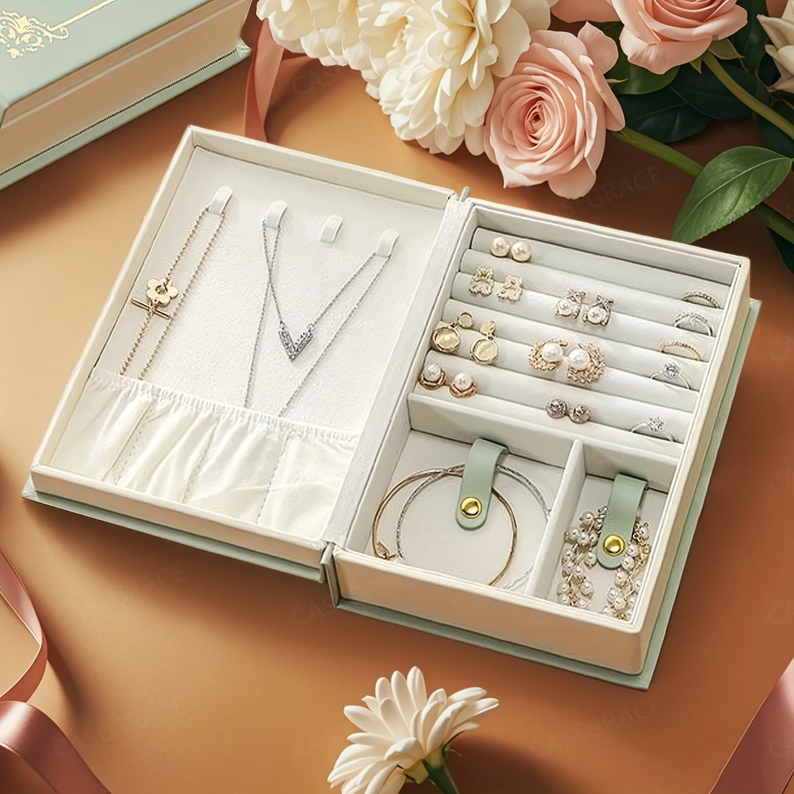 Schmuckschatulle im Tagebuchstil, magnetischer Flip-Cover-Präsentationsständer für Armbänder, Ohrringe, Halsketten, Ringe, Geschenk für Frauen