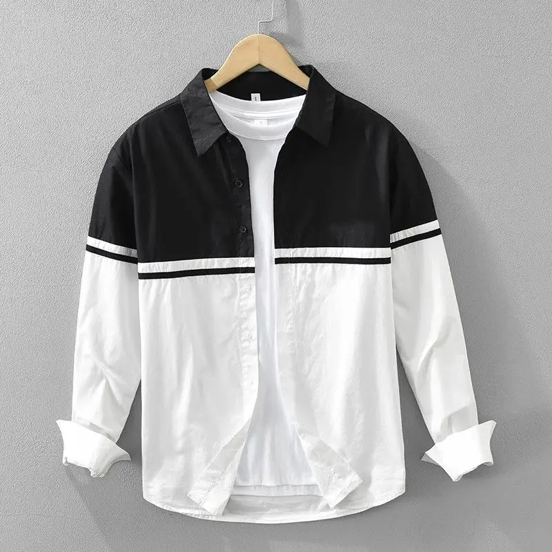 Polo Hals Contrast Patchwork Koreaanse Blouse Heren Lente Herfst Nieuwe Lange Mouw Losse Casual Shirt Tops Mode Trend Herenkleding