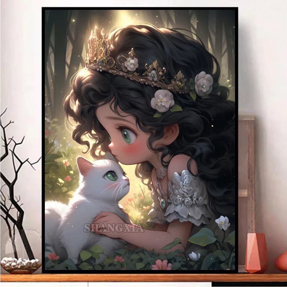 5D DIY الماس اللوحة الجديدة 2025 لطيف فتاة كبيرة العينين والقط الحفر المستديرة الكاملة التطريز عبر غرزة حجر الراين صورة هدية B5