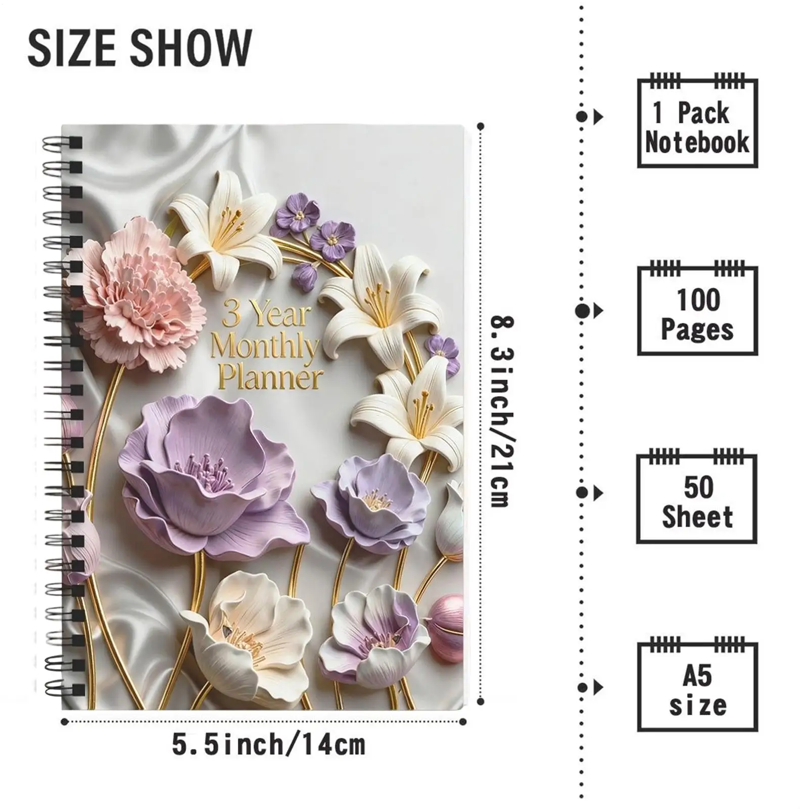 สมุดวางแผนรายเดือน A5 ปี 2006-2008 สมุดบันทึกประจำปี สมุดจดบันทึกธีมดอกไม้สุดหรู สมุดวางแผนรายเดือน 3 ปี สำหรับนักเรียนและครู